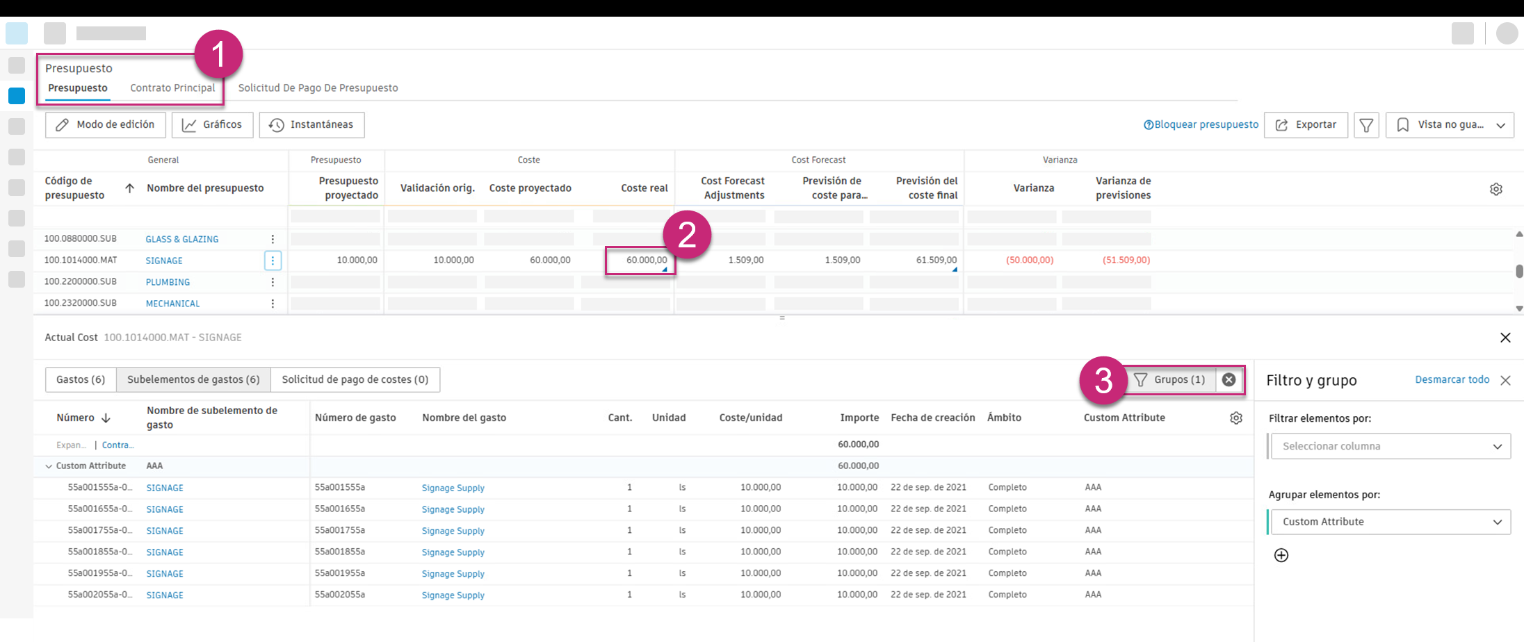 Opción desplegable de coste real