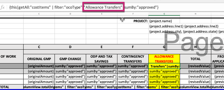 Hoja de cálculo de Excel que muestra la configuración de un nombre de tipo coincidente