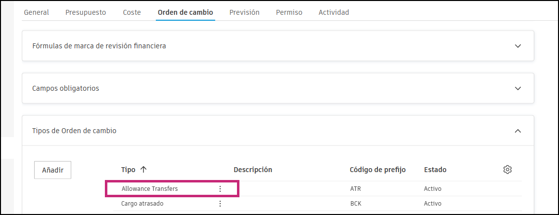 Configuración de tipo de orden de cambio que muestra la configuración de Transferencias de tolerancia