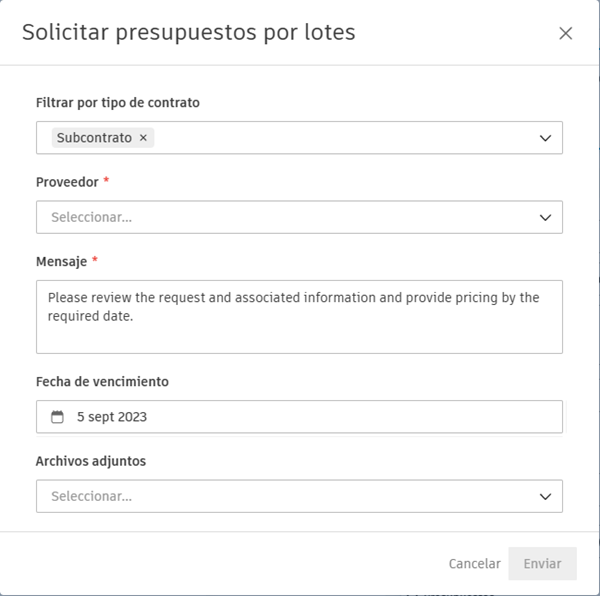 Ventana Solicitar presupuestos por lotes