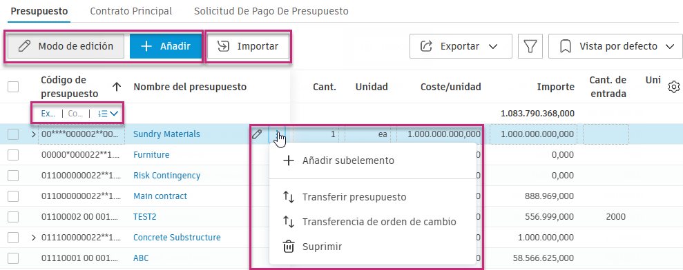 Modo de edición de presupuestos