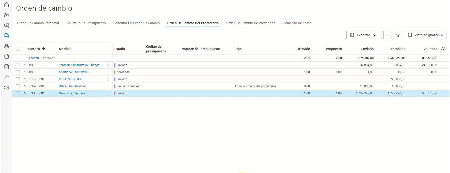 Ejemplo de directiva de orden de cambio