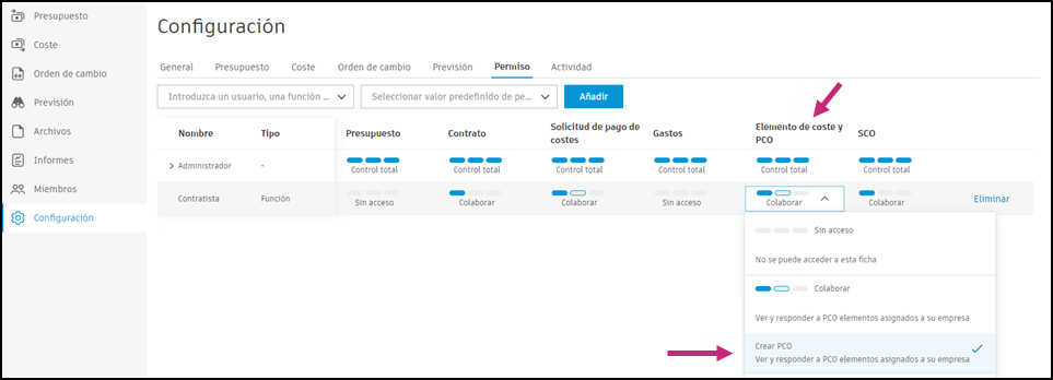 Configuración de permisos que muestra permiso Colaborar en cambio descendente para la función Proveedor