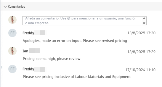 Sección de comentarios de RFQ que muestra varias entradas de comentarios
