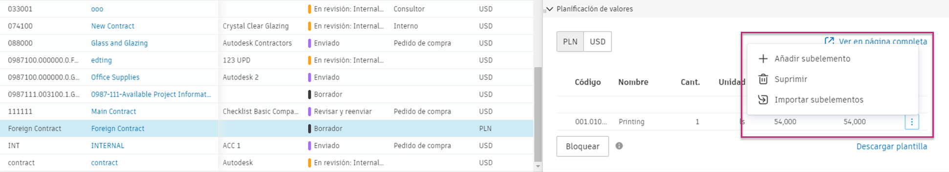 Ejemplo de SOV de contrato