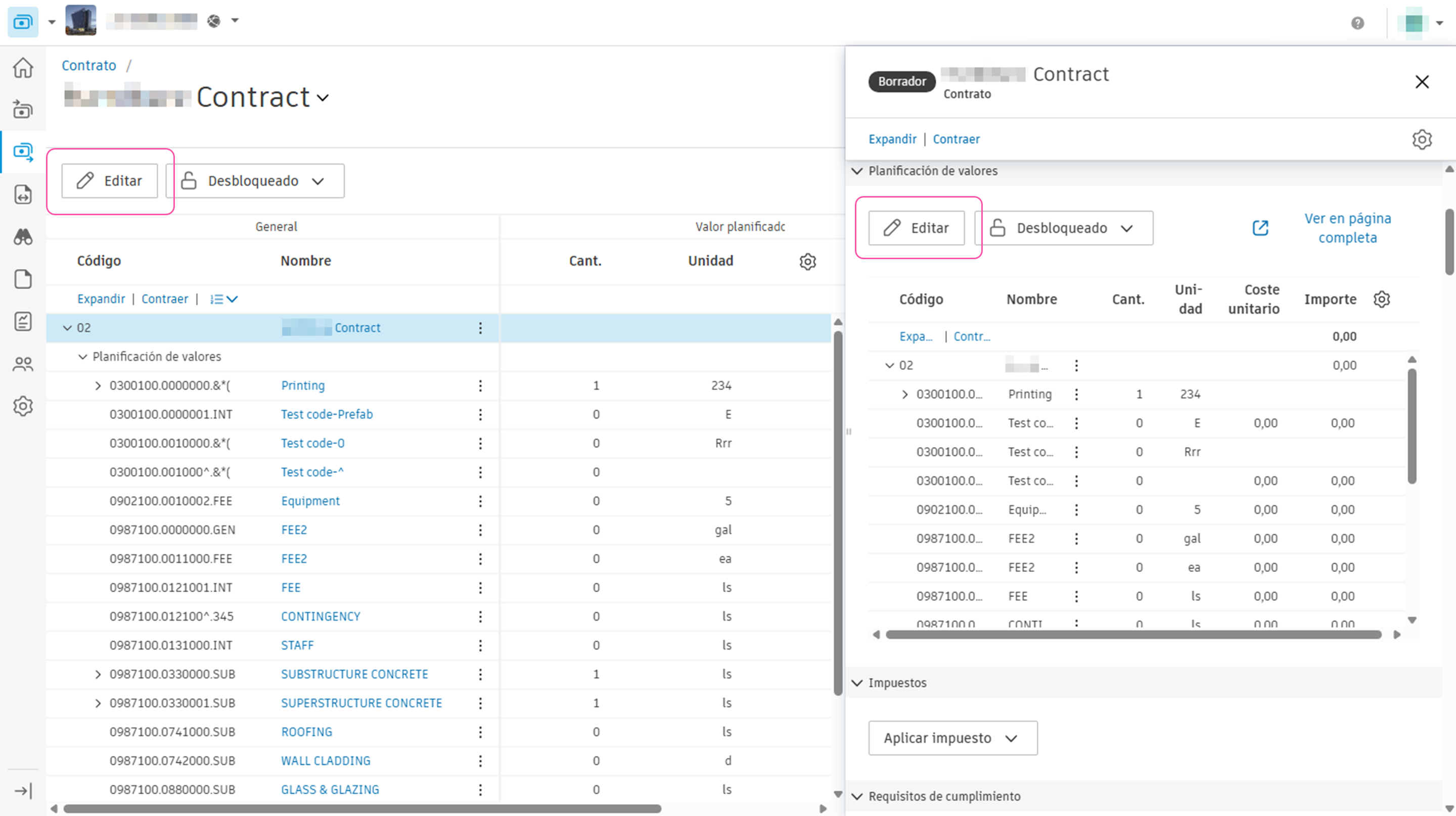 Botón Editar SOV de contrato