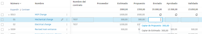 Copiar importes de elemento de coste