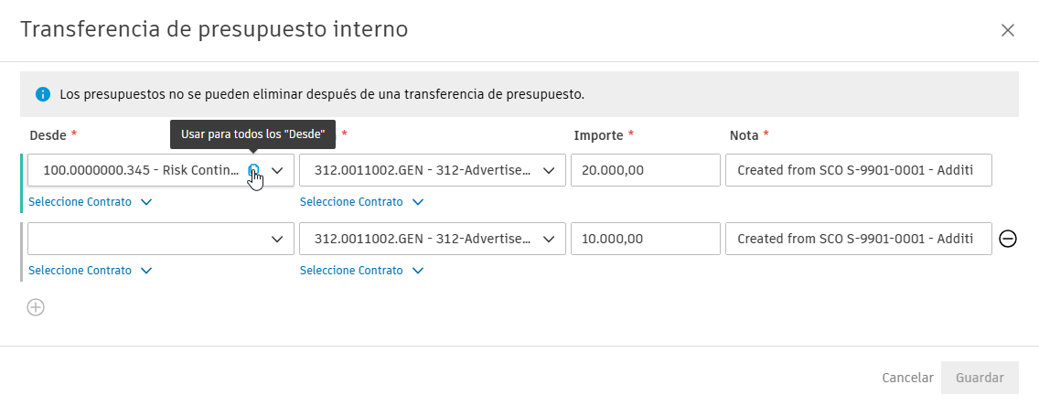 Ejemplo del botón Copiar a todos "Desde"