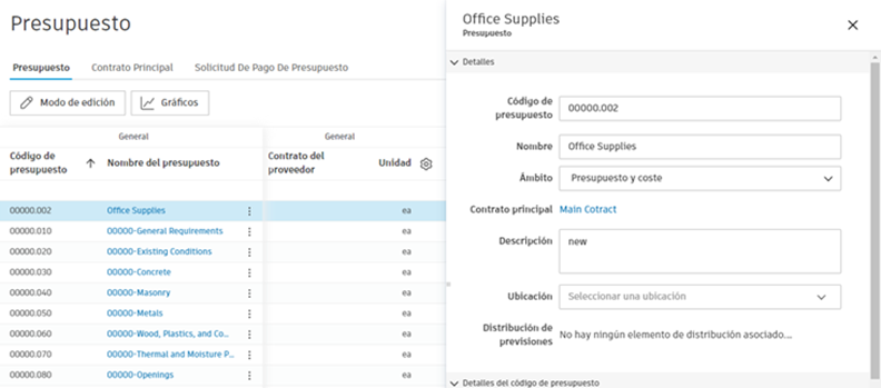 Panel de detalles del presupuesto en el lado derecho de la pantalla que muestra información de elementos de presupuesto