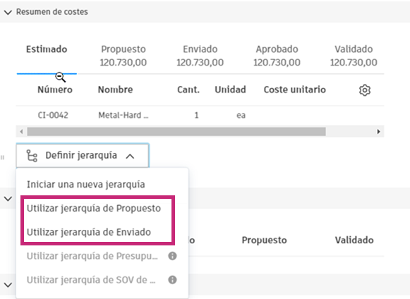 Opciones de jerarquía de subelementos