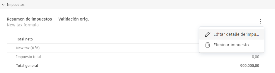 Menú Más del coste de impuestos
