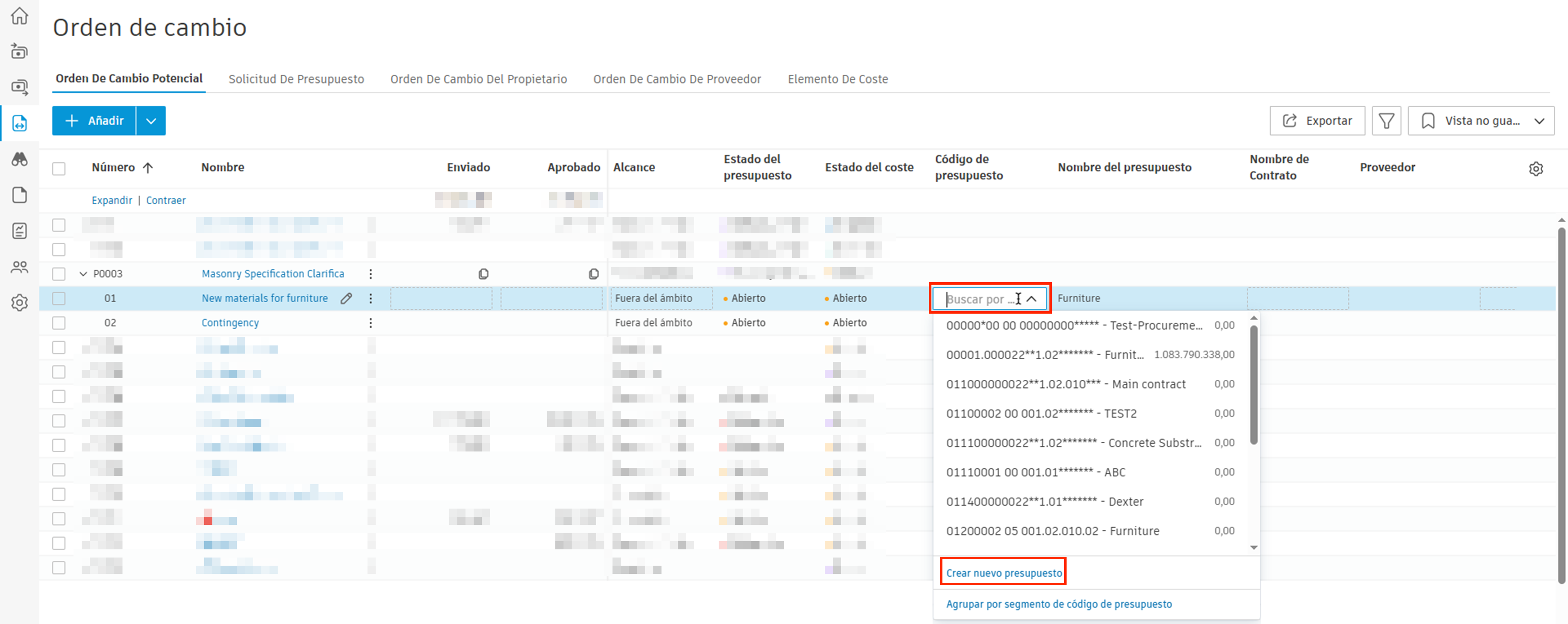 Menú desplegable de presupuesto de elemento de coste que muestra la opción para crear un nuevo presupuesto
