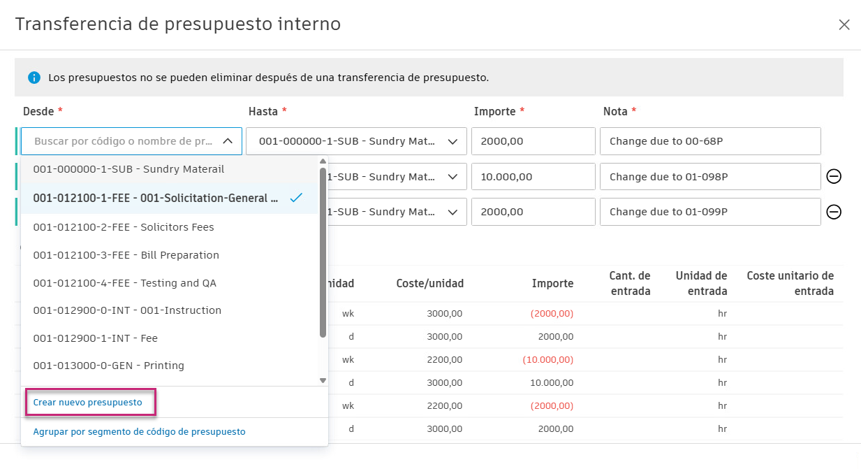 Crear un nuevo presupuesto durante la transferencia
