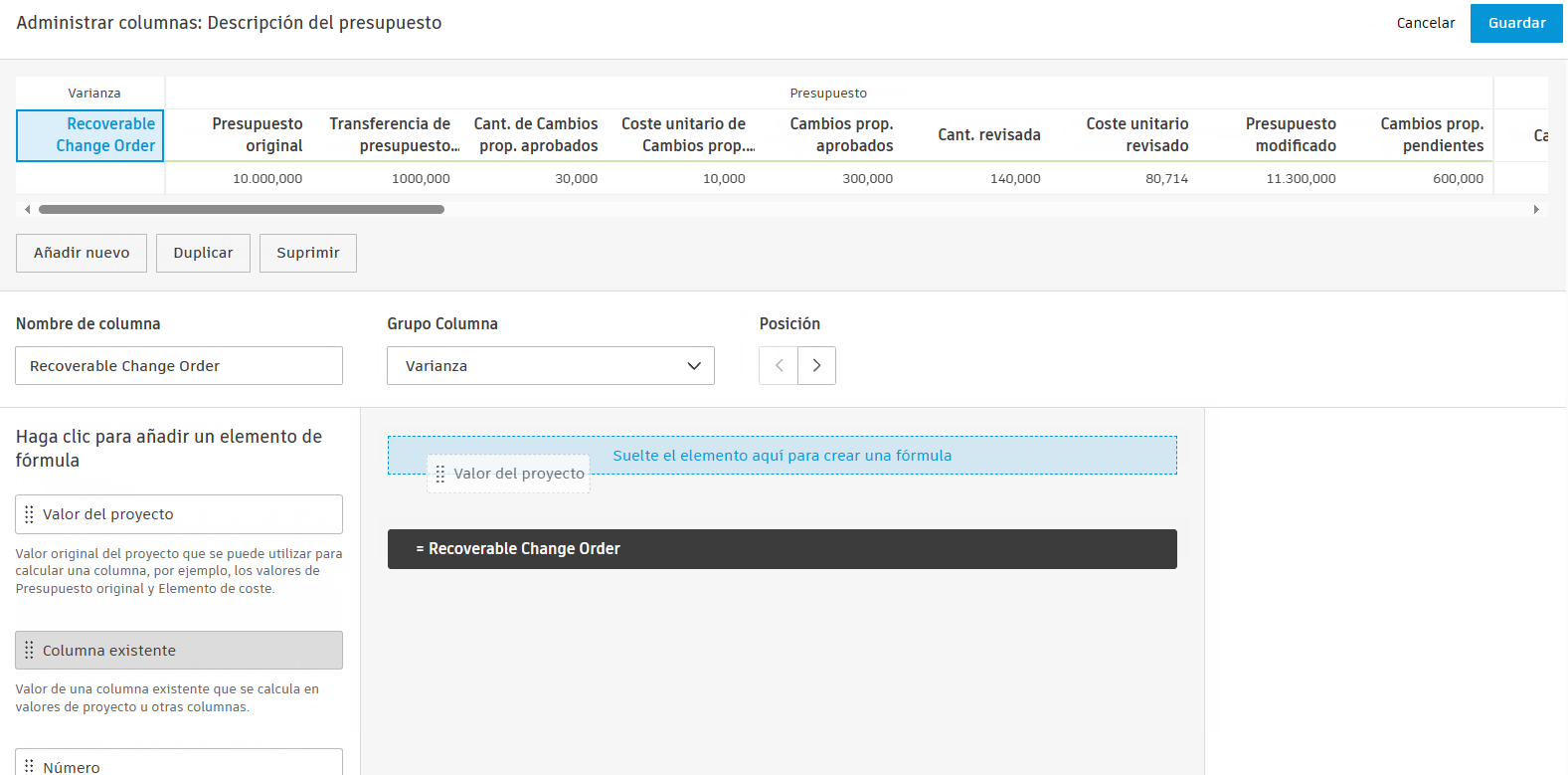 Captura de pantalla que muestra la interfaz del generador de fórmulas de columnas con elementos que se pueden arrastrar, incluidos Valor de proyecto, Columna existente, Número, Paréntesis y Sentencia If en el panel de la izquierda