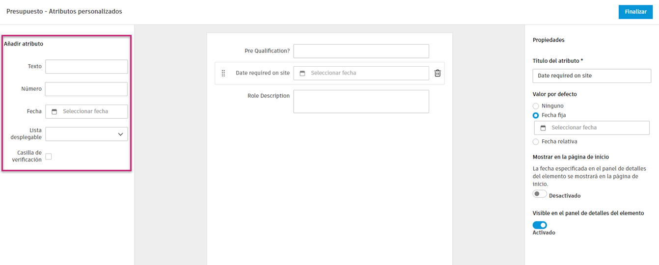 El panel Atributos personalizados muestra los tipos de atributo disponibles: texto, número, fecha, menú desplegable y casilla de verificación con interfaz de arrastrar y soltar.