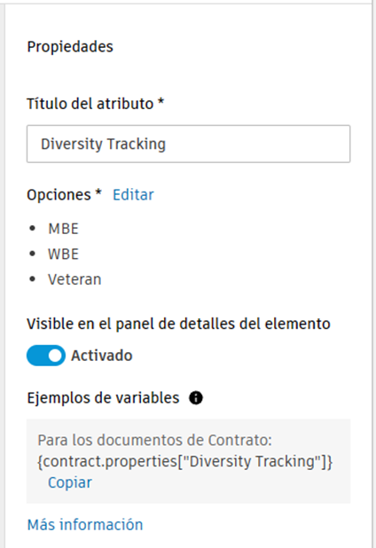 El panel Propiedades del atributo desplegable Seguimiento de diversidad con opciones para MBE, WBE, DBE, SDVOB y otros