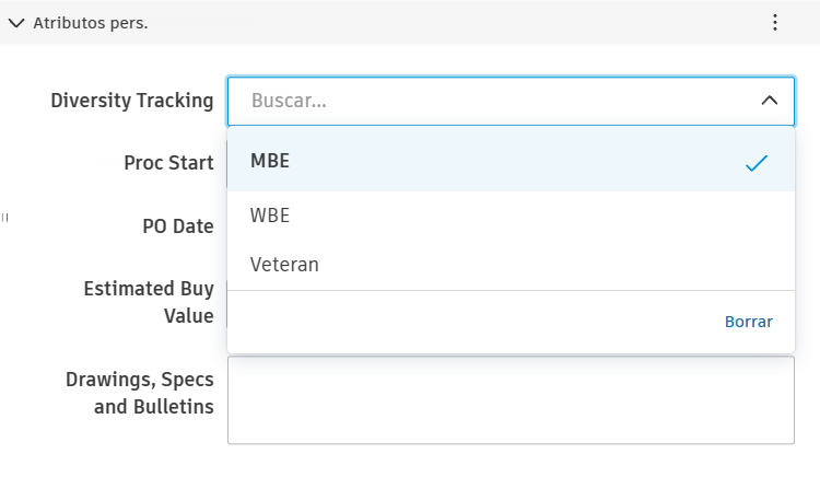 El panel Detalles del contrato muestra el menú desplegable de atributos personalizados Seguimiento de diversidad con una selección de valores