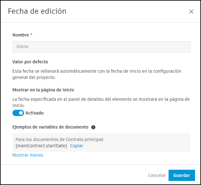 Panel de configuración Editar fechas