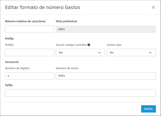 Cuadro de diálogo Editar formato de número de gasto
