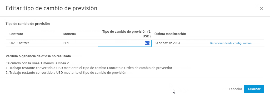 Editar tipos de cambio de previsión