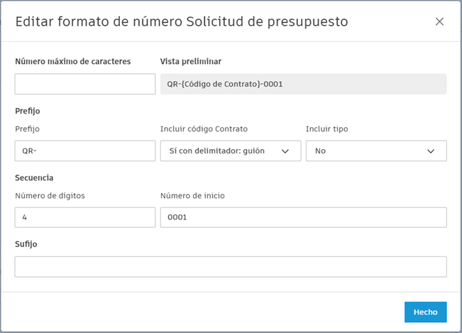 Cuadro de diálogo Editar formato de número de RFQ