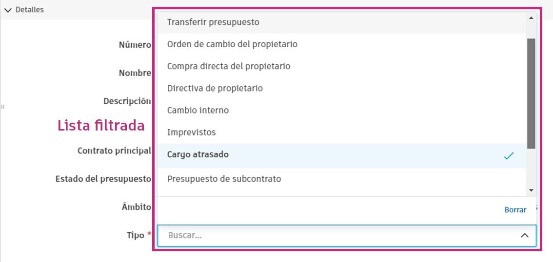 Lista filtrada de tipo de orden de cambio