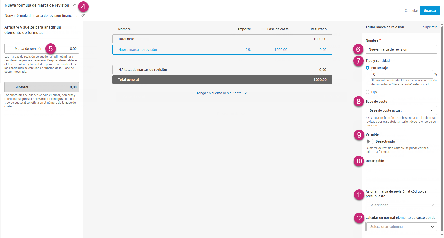 Pasos de configuración de la fórmula de marca de revisión financiera