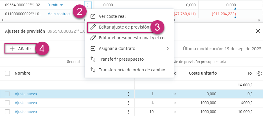 Botón Ajustes de previsión