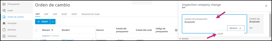 Botón Generar OCO e interfaz para crear órdenes de cambio del propietario