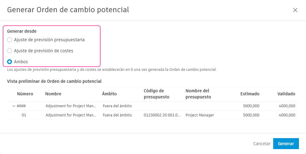 Generar PCO a partir de ajustes de previsión