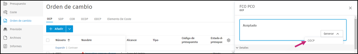 Botón Generar SCO e interfaz para crear órdenes de cambio de subcontratista