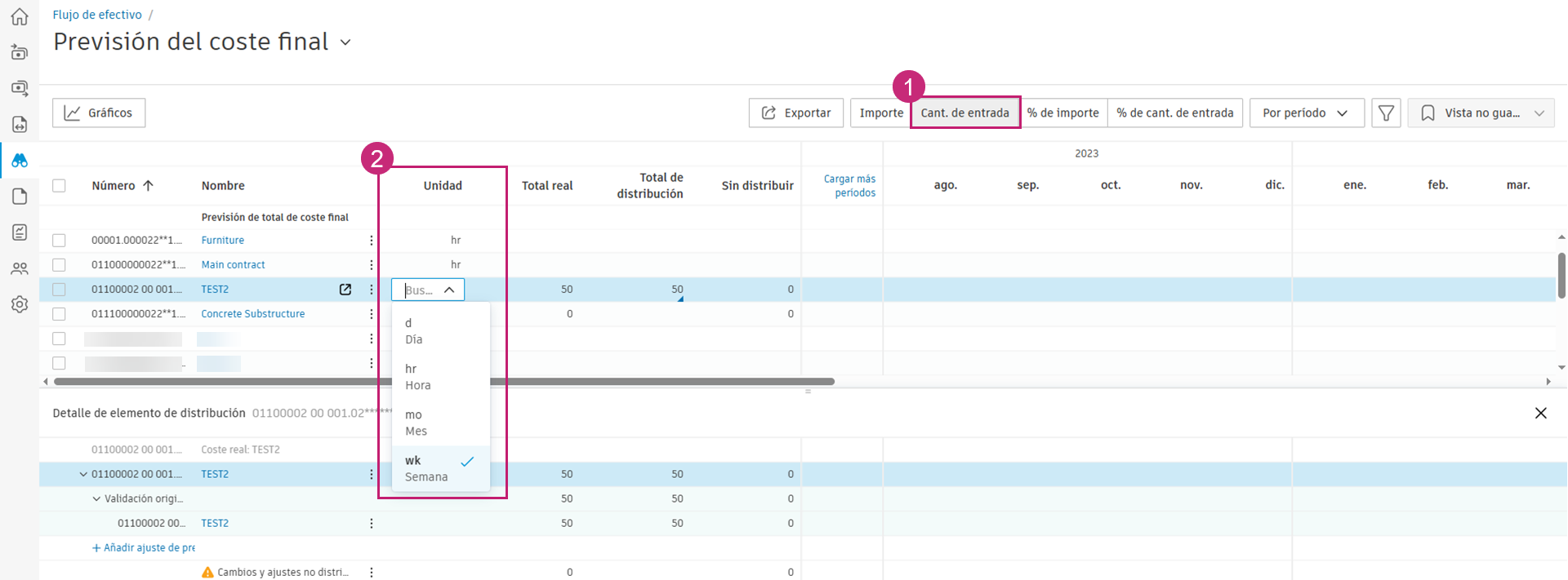 Vista de distribución de cantidades de entrada