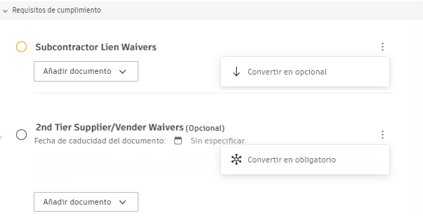 Opciones de configuración de los requisitos de cumplimiento opciones u obligatorios