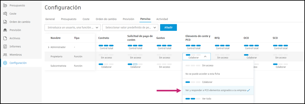 Configuración de permisos que muestra permiso Colaborar en cambio ascendente para la función Propietario