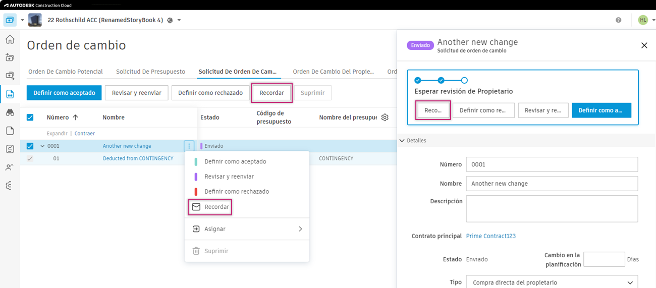 Botón Recordar para enviar notificaciones a proveedores o propietarios en espera de respuesta