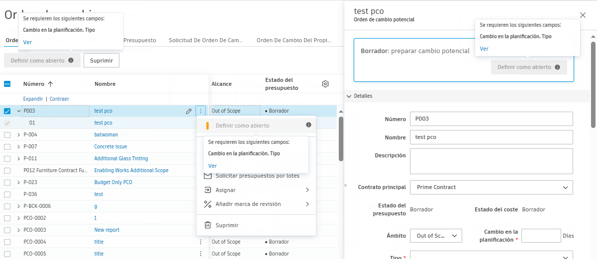 Mensaje de validación de campos obligatorios