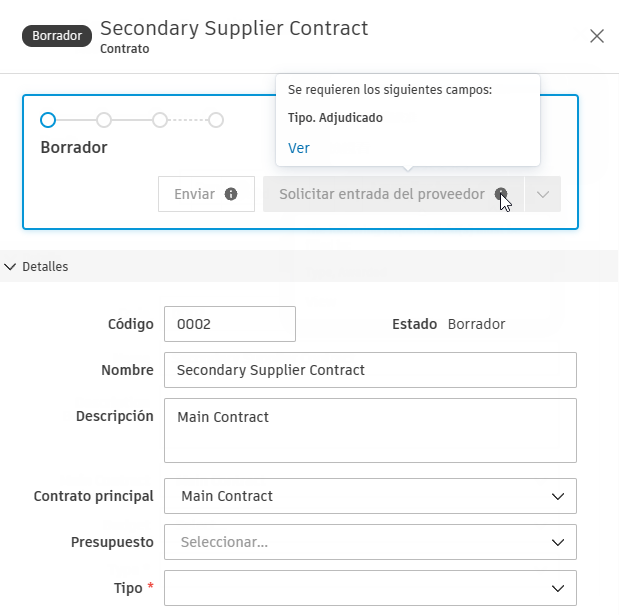 Mensaje de validación de campos obligatorios para contratos