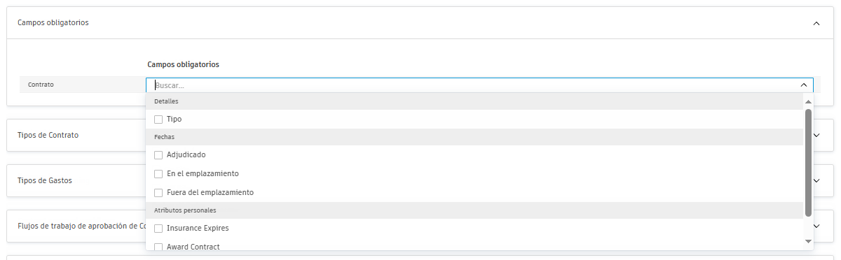 Campos obligatorios para la configuración de contratos