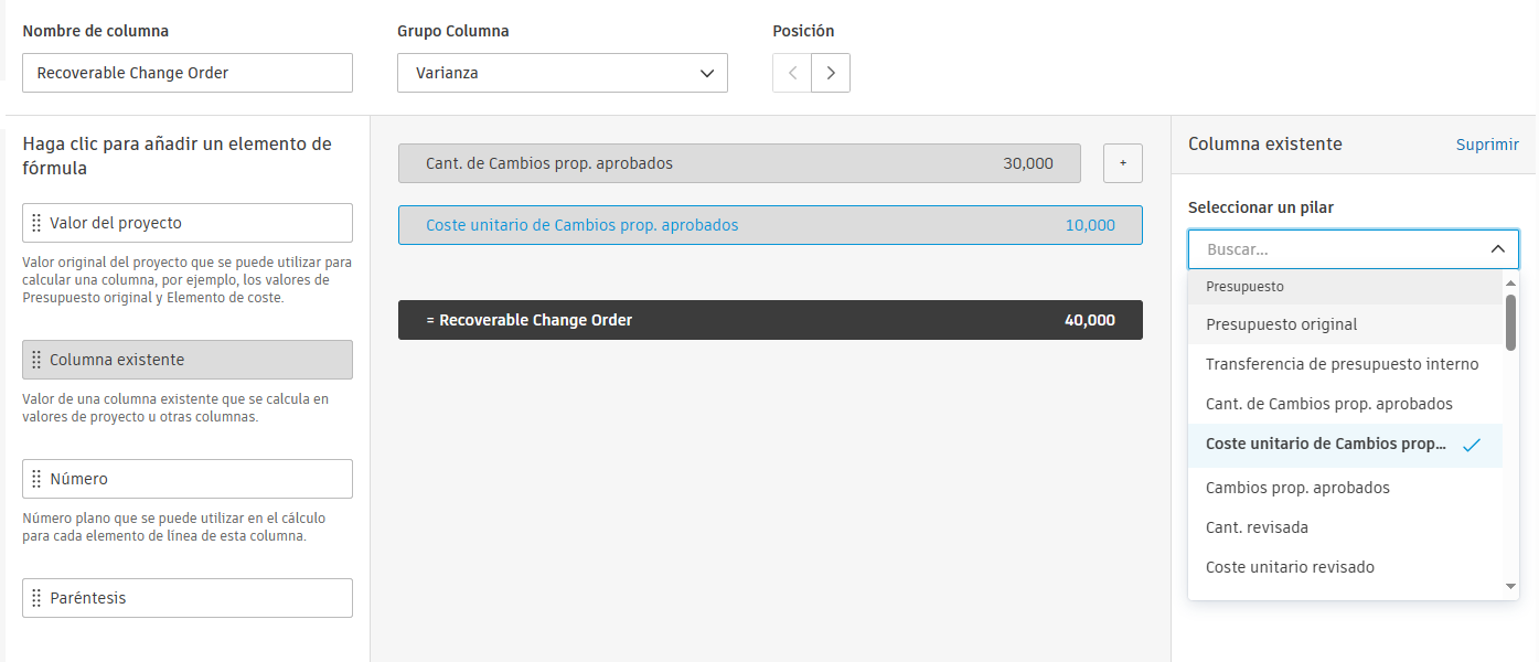 Captura de pantalla del panel lateral derecho que muestra la selección de tipo de valor y la vista preliminar del campo de entrada de valor