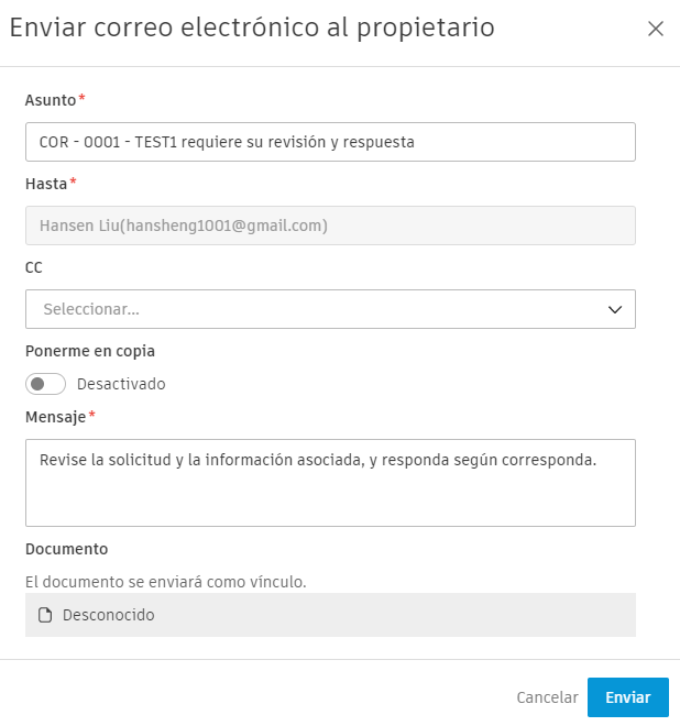 Ejemplo de enviar correo electrónico al propietario