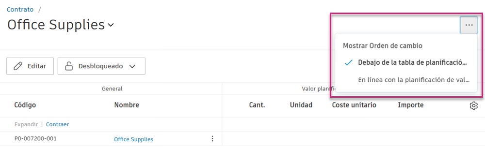Mostrar órdenes de cambio como columna