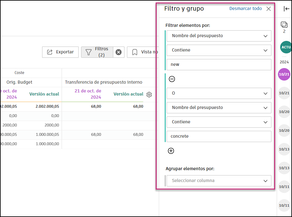 Interfaz de instantáneas de presupuesto con filtros aplicados para centrarse en datos específicos