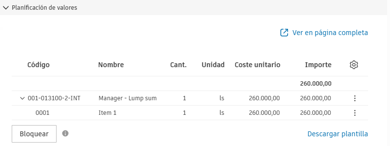 Tabla de valores del contrato que muestra la estructura de códigos de presupuesto