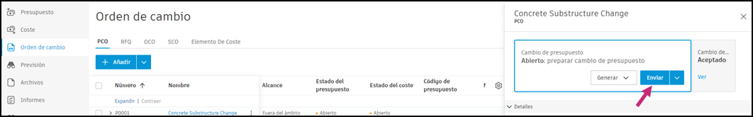 Ventana del cuadro de diálogo Enviar cambio de presupuesto para introducir los valores enviados