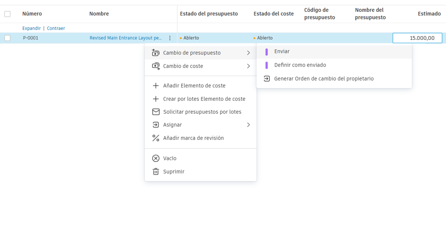 Enviar una PCO sin elementos de coste