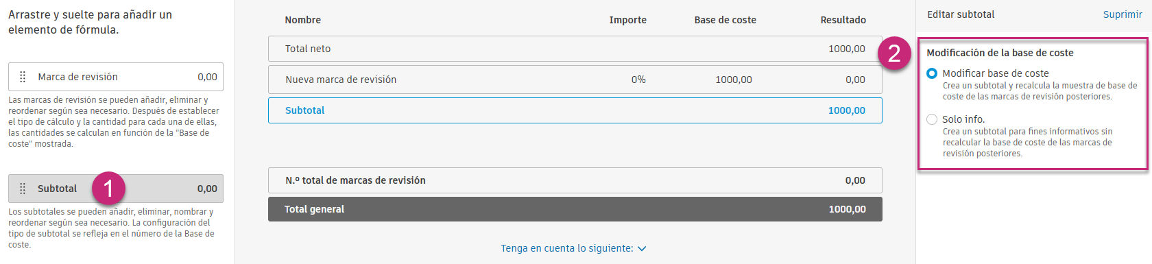 Opciones de configuración de subtotal