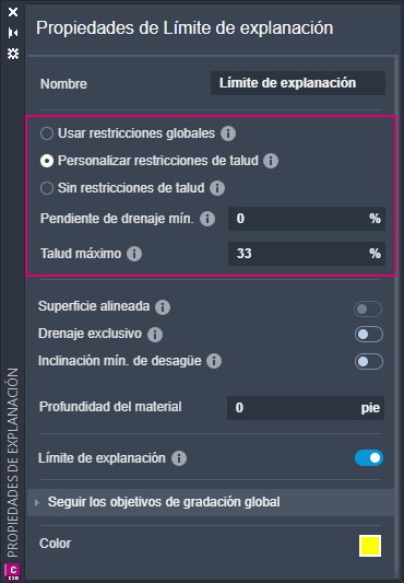 Panel Propiedades de límite de explanación