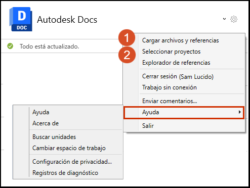 Opciones de menú en Desktop Connector