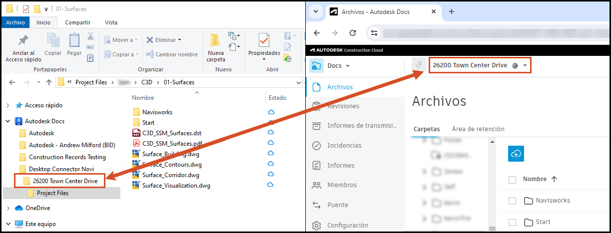 Conector de Autodesk Docs que muestra la representación de los datos en la nube de la unidad local