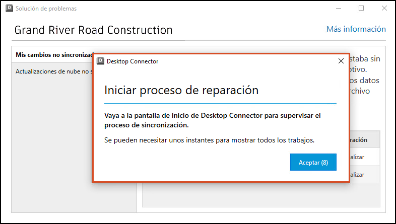 Notificación del proceso de reparación de la herramienta de resolución de problemas